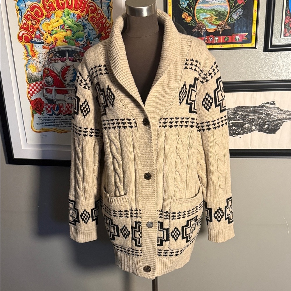 Pendleton Ivory & Black Southwestern Shawl Collar Cable Knit Cardigan - Large